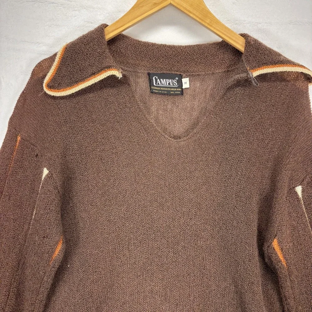 Vintage Campus V Neck Sweater Loop Johnny Collar Brown 70s Mohair Wool Knit USA